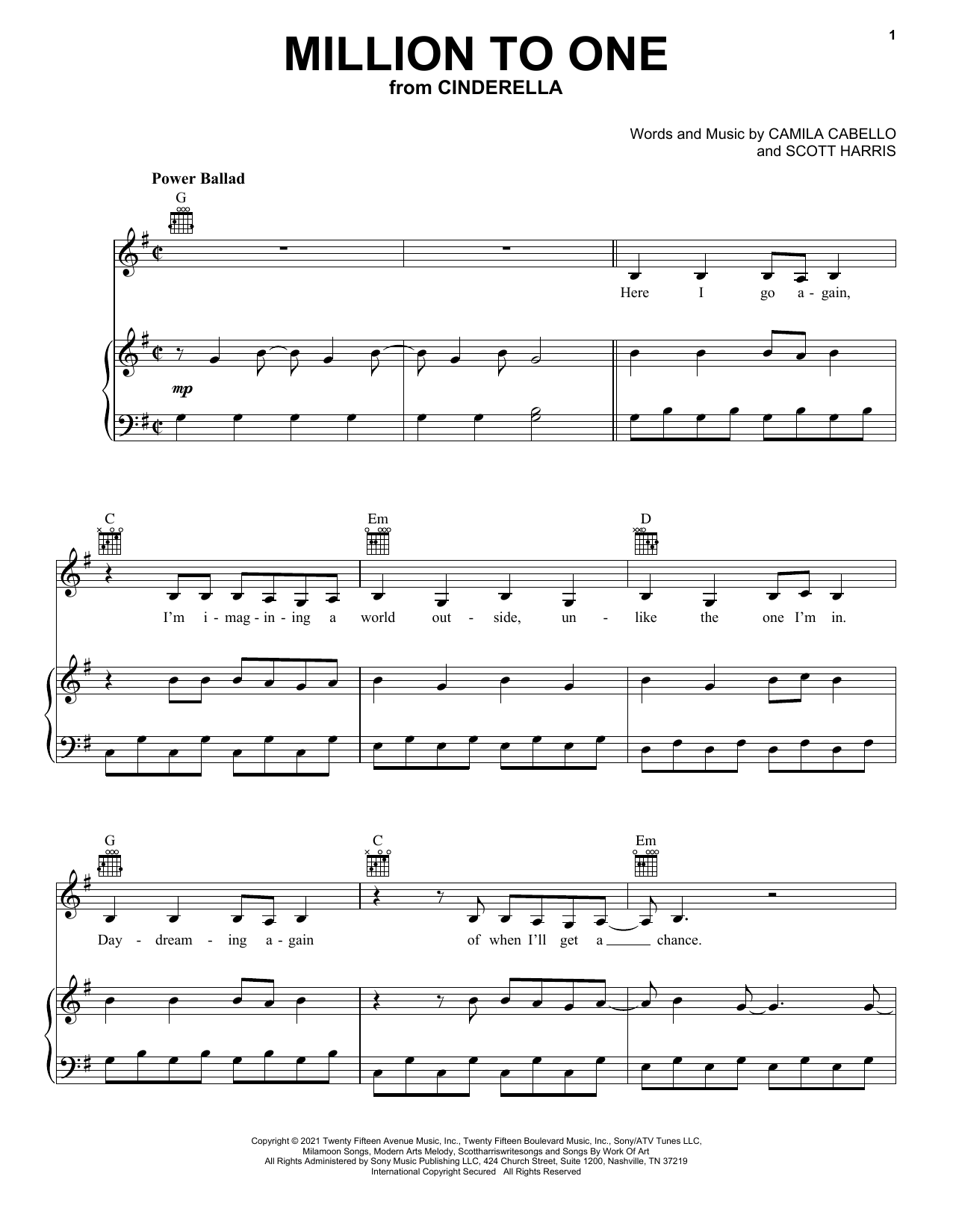 Camila Cabello Million To One (from the Amazon Original Movie Cinderella) Sheet Music Notes & Chords for Piano, Vocal & Guitar (Right-Hand Melody) - Download or Print PDF