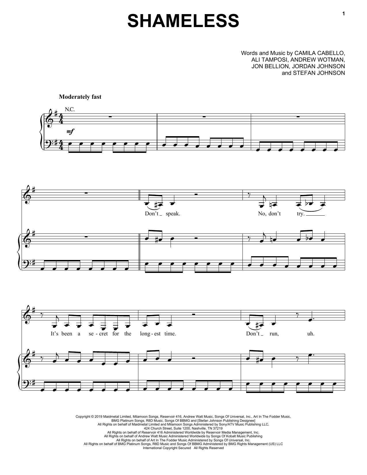 Camila Cabello Shameless Sheet Music Notes & Chords for Piano, Vocal & Guitar (Right-Hand Melody) - Download or Print PDF