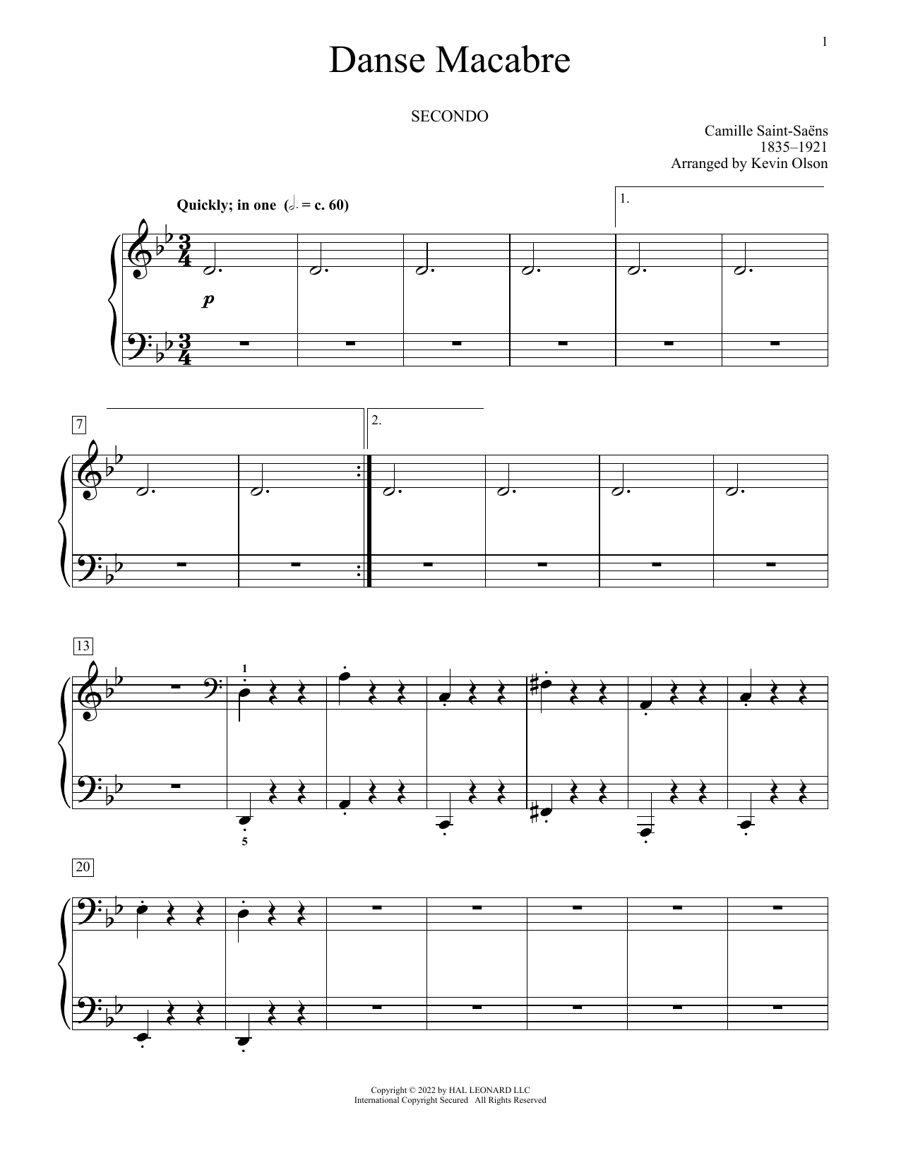 Camille Saint-Saens Danse Macabre (arr. Kevin Olson) Sheet Music Notes & Chords for Piano Duet - Download or Print PDF