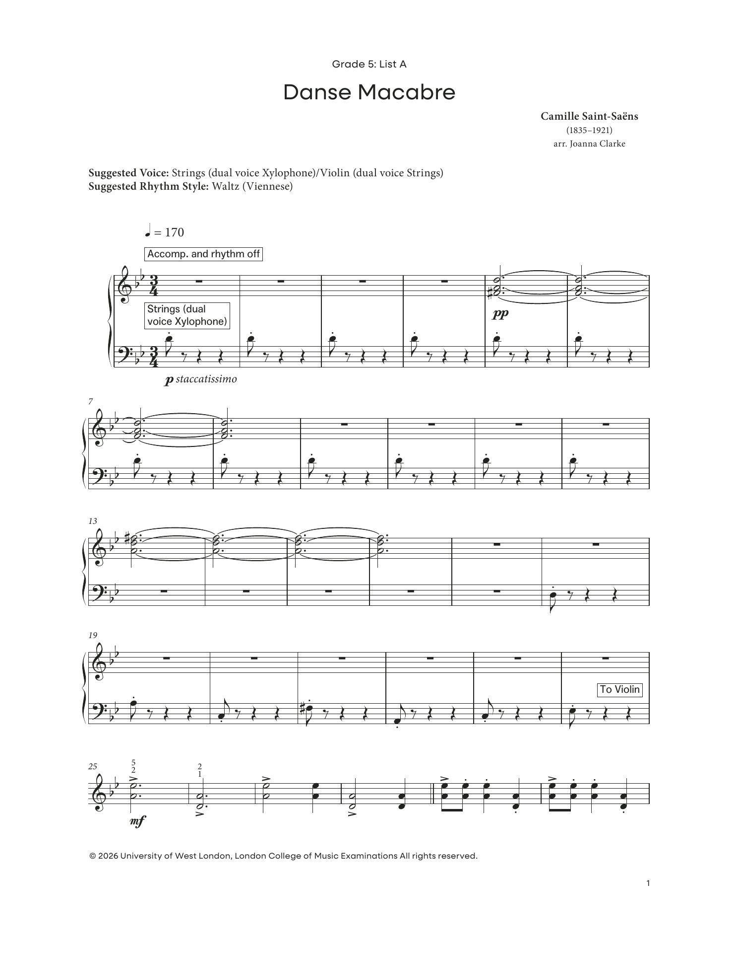 Camille Saint-Saëns Danse Macabre (from LCME Electronic Keyboard Grade 5 List A) Sheet Music Notes & Chords for Piano Solo - Download or Print PDF
