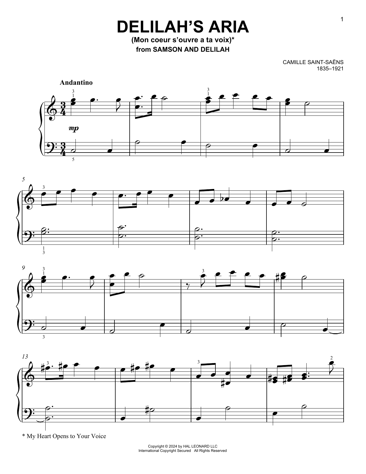 Camille Saint-Saens Delilah's Aria (Mon Coeur S'Ouvre A Ta Voix) Sheet Music Notes & Chords for Piano Solo - Download or Print PDF