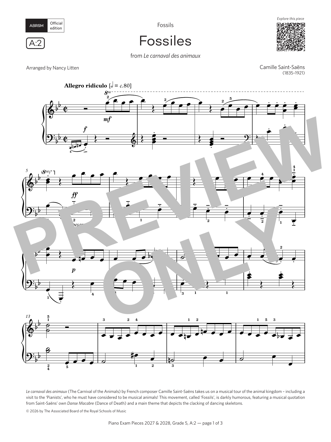 Camille Saint-Saëns Fossiles (Grade 5, list A2, from the ABRSM Piano Syllabus 2027 & 2028) Sheet Music Notes & Chords for Piano Solo - Download or Print PDF