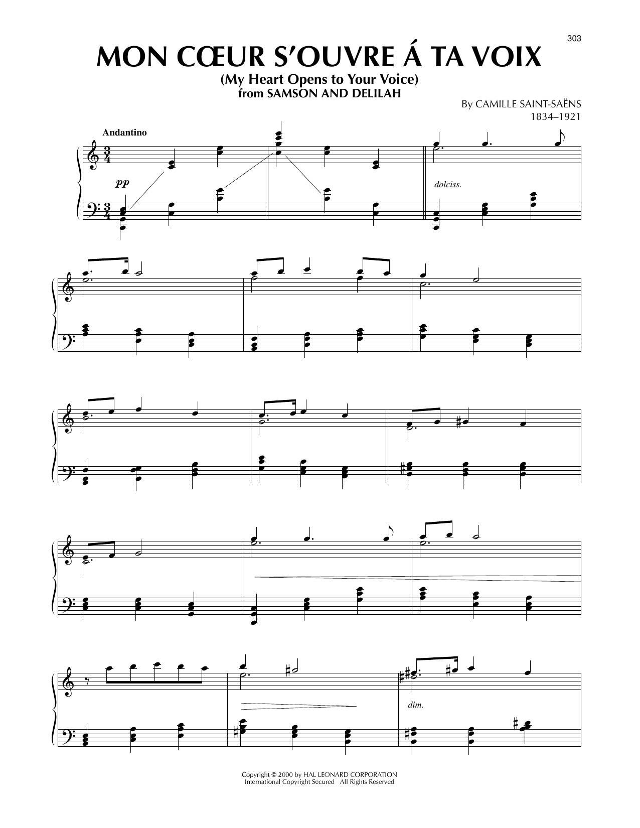 Camille Saint-Saens Mon Coeur S'Ouvre A Ta Voix Sheet Music Notes & Chords for Piano Solo - Download or Print PDF