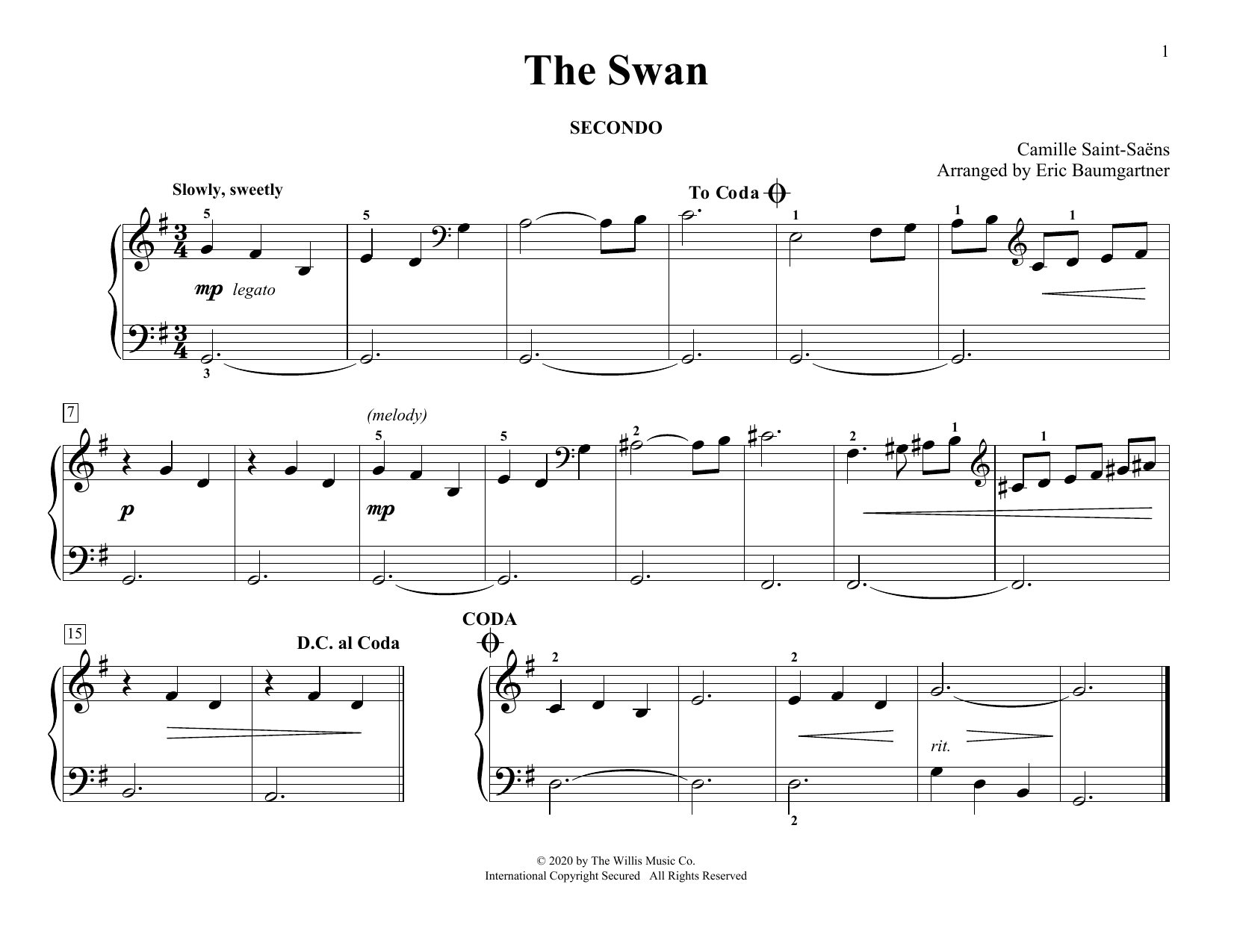 Camille Saint-Saens The Swan (arr. Eric Baumgartner) Sheet Music Notes & Chords for Piano Duet - Download or Print PDF