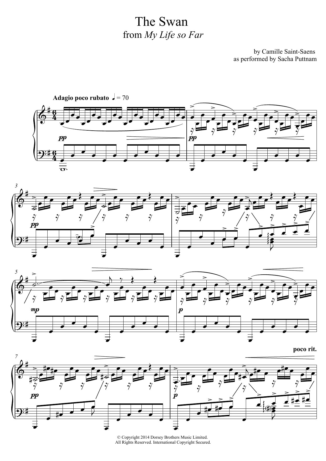 Camille Saint-Saëns The Swan (as performed by Sacha Puttnam) Sheet Music Notes & Chords for Piano - Download or Print PDF