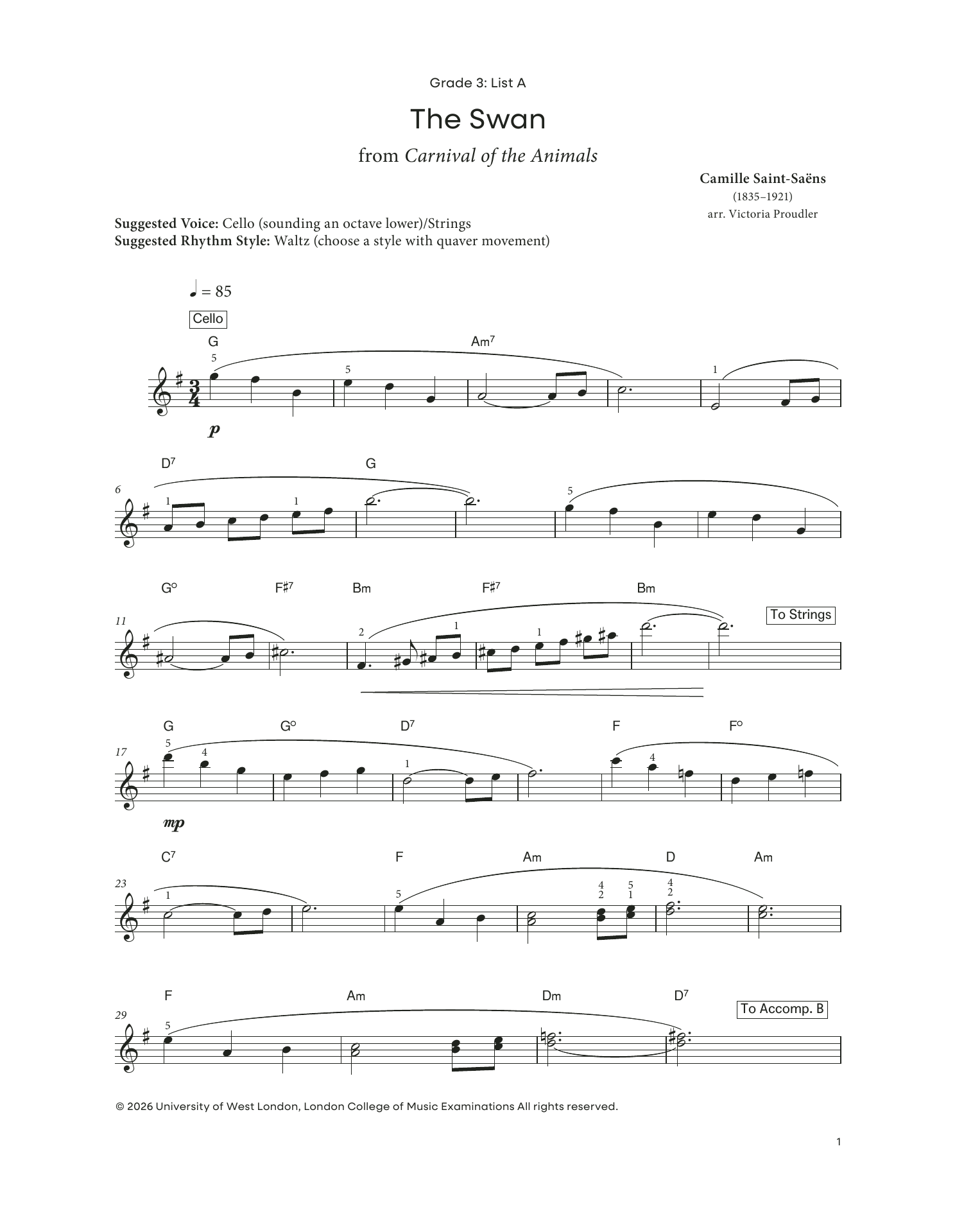 Camille Saint-Saëns The Swan (from LCME Electronic Keyboard Grade 3 List A) Sheet Music Notes & Chords for Piano Solo - Download or Print PDF
