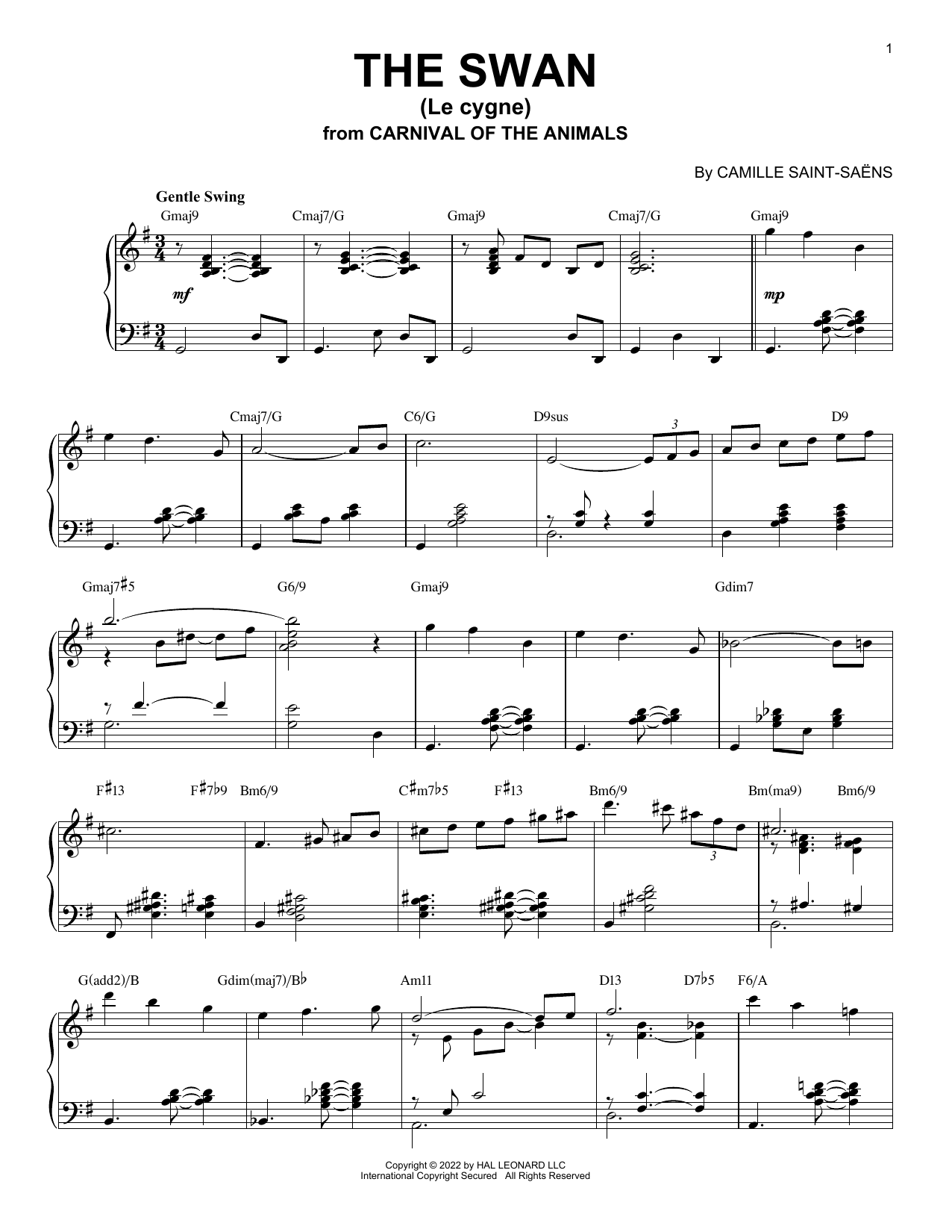 Camille Saint-Saens The Swan (Le Cygne) [Jazz version] (arr. Brent Edstrom) Sheet Music Notes & Chords for Piano Solo - Download or Print PDF