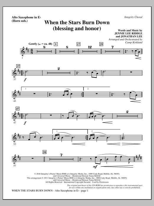 Camp Kirkland When The Stars Burn Down (Blessing And Honor) - Alto Sax (sub. Horn) Sheet Music Notes & Chords for Choir Instrumental Pak - Download or Print PDF