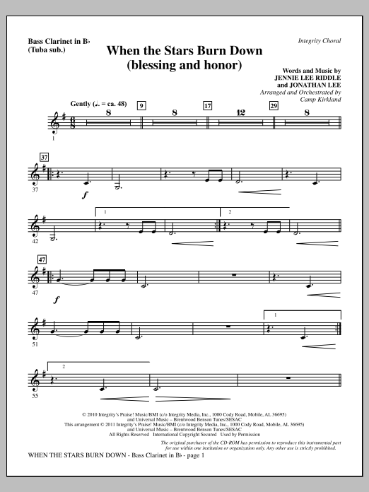 Camp Kirkland When The Stars Burn Down (Blessing And Honor) - Bass Clarinet (sub. Tuba) Sheet Music Notes & Chords for Choir Instrumental Pak - Download or Print PDF