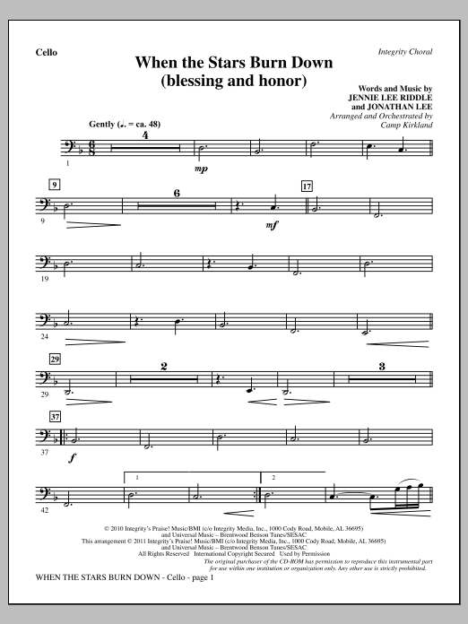 Camp Kirkland When The Stars Burn Down (Blessing And Honor) - Cello Sheet Music Notes & Chords for Choir Instrumental Pak - Download or Print PDF