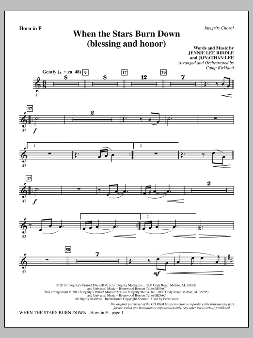 Camp Kirkland When The Stars Burn Down (Blessing And Honor) - F Horn Sheet Music Notes & Chords for Choir Instrumental Pak - Download or Print PDF