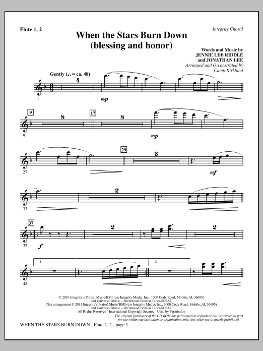 Camp Kirkland When The Stars Burn Down (Blessing And Honor) - Flute 1 & 2 Sheet Music Notes & Chords for Choir Instrumental Pak - Download or Print PDF