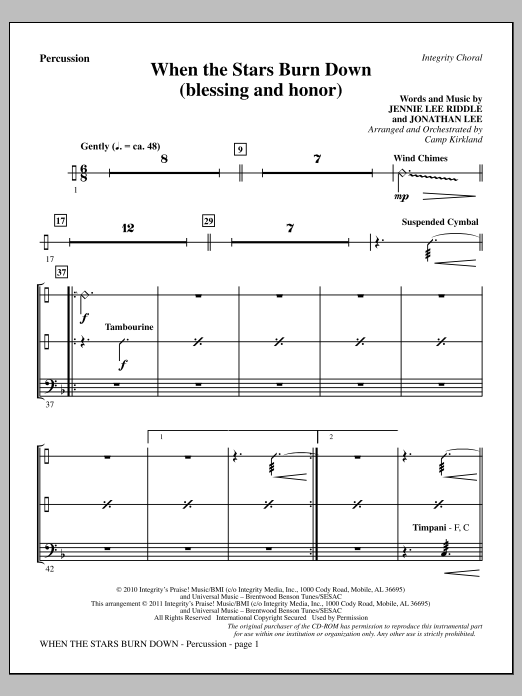 Camp Kirkland When The Stars Burn Down (Blessing And Honor) - Percussion Sheet Music Notes & Chords for Choir Instrumental Pak - Download or Print PDF