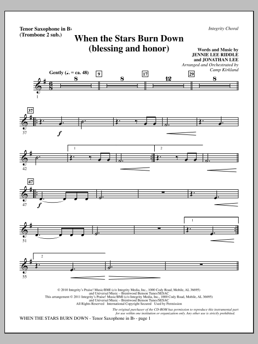 Camp Kirkland When The Stars Burn Down (Blessing And Honor) - Tenor Sax (sub. Tbn 2) Sheet Music Notes & Chords for Choir Instrumental Pak - Download or Print PDF