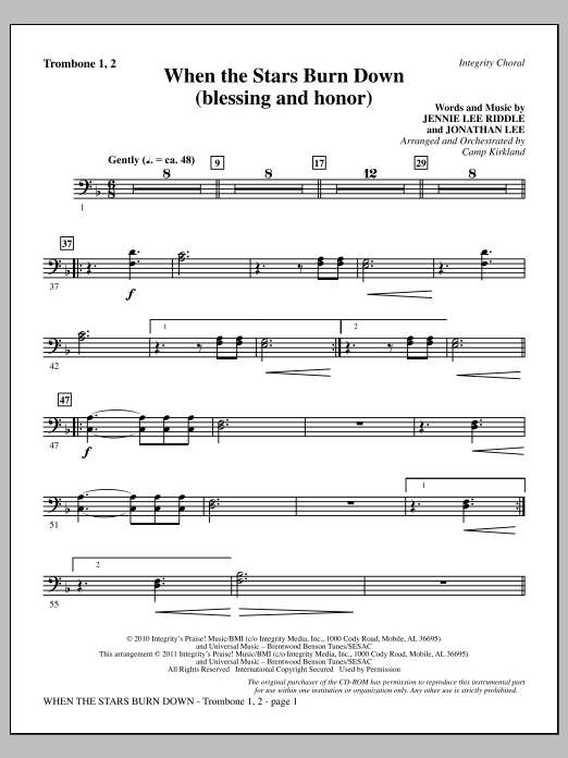 Camp Kirkland When The Stars Burn Down (Blessing And Honor) - Trombone 1 & 2 Sheet Music Notes & Chords for Choir Instrumental Pak - Download or Print PDF