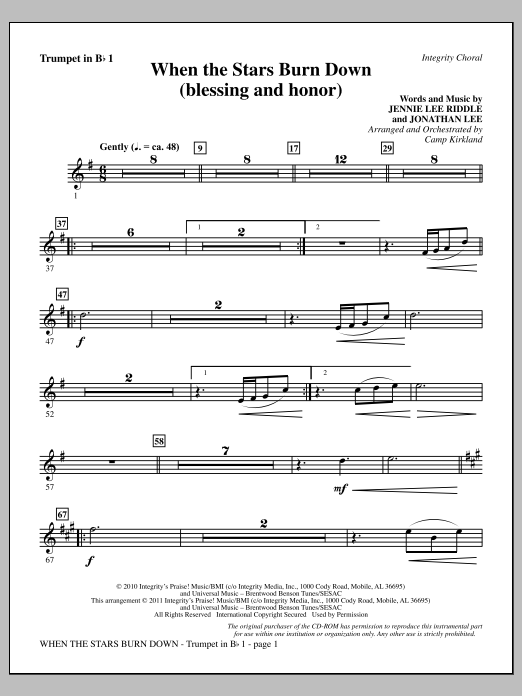 Camp Kirkland When The Stars Burn Down (Blessing And Honor) - Trumpet 1 Sheet Music Notes & Chords for Choir Instrumental Pak - Download or Print PDF