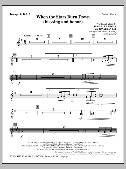 Camp Kirkland When The Stars Burn Down (Blessing And Honor) - Trumpet 2 & 3 Sheet Music Notes & Chords for Choir Instrumental Pak - Download or Print PDF