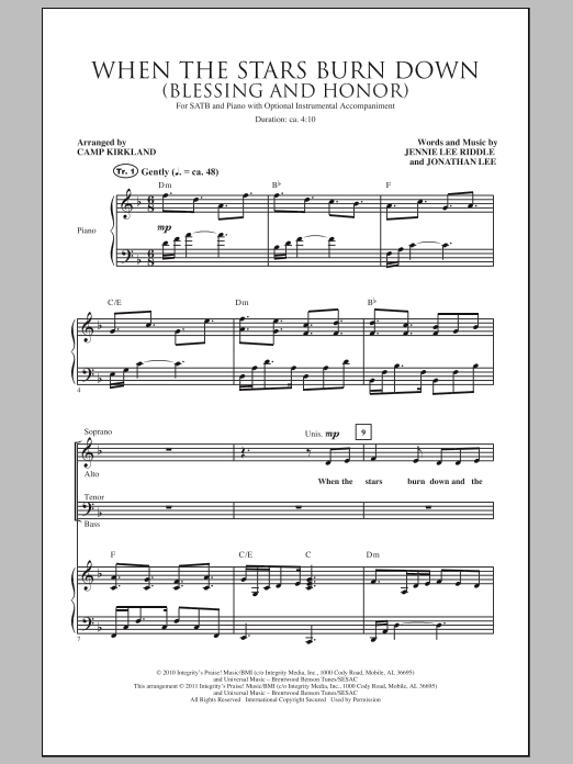 Camp Kirkland When The Stars Burn Down (Blessing And Honor) Sheet Music Notes & Chords for SATB - Download or Print PDF