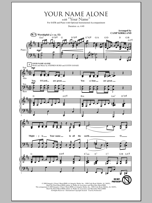 Camp Kirkland Your Name Alone (with Your Name) Sheet Music Notes & Chords for SATB - Download or Print PDF