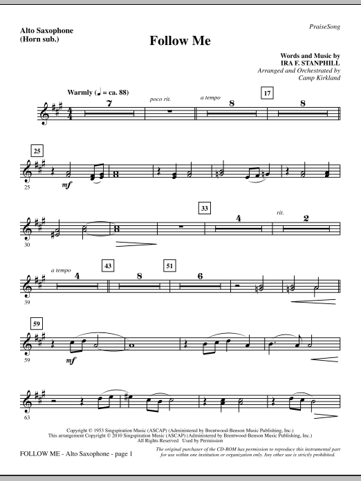 Preview Camp Kirkland Follow Me - Alto Sax (sub. Horn) Inspirational sheet music, notes and chords for Choir Instrumental Pak, SKU: 295880 Follow Me - Alto Sax (sub. Horn) sheet music