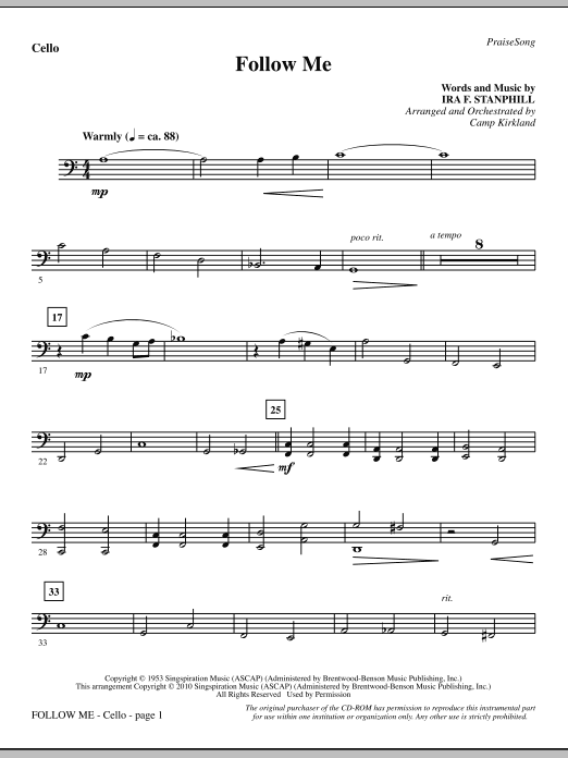 Preview Camp Kirkland Follow Me - Cello Inspirational sheet music, notes and chords for Choir Instrumental Pak, SKU: 295878 Follow Me - Cello sheet music