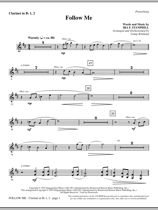 Preview Camp Kirkland Follow Me - Clarinet 1 & 2 Inspirational sheet music, notes and chords for Choir Instrumental Pak, SKU: 295866 Follow Me - Clarinet 1 & 2 sheet music