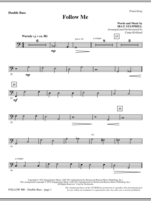 Preview Camp Kirkland Follow Me - Double Bass Inspirational sheet music, notes and chords for Choir Instrumental Pak, SKU: 295879 Follow Me - Double Bass sheet music