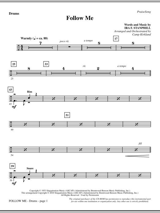 Preview Camp Kirkland Follow Me - Drums Inspirational sheet music, notes and chords for Choir Instrumental Pak, SKU: 295873 Follow Me - Drums sheet music