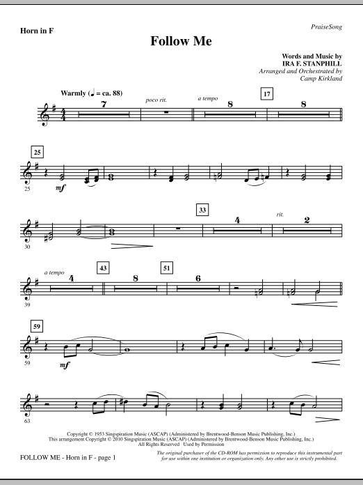 Preview Camp Kirkland Follow Me - F Horn Inspirational sheet music, notes and chords for Choir Instrumental Pak, SKU: 295869 Follow Me - F Horn sheet music