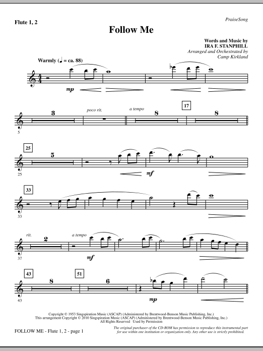Preview Camp Kirkland Follow Me - Flute 1 & 2 Inspirational sheet music, notes and chords for Choir Instrumental Pak, SKU: 295864 Follow Me - Flute 1 & 2 sheet music