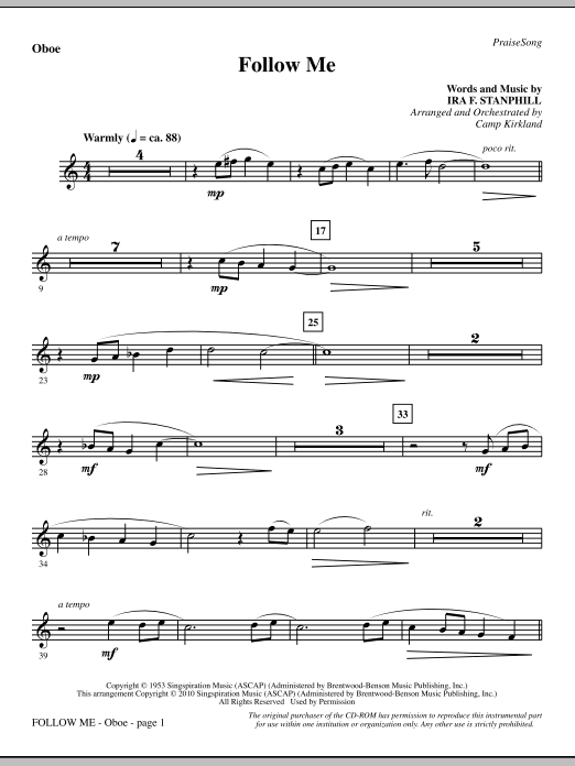 Preview Camp Kirkland Follow Me - Oboe Inspirational sheet music, notes and chords for Choir Instrumental Pak, SKU: 295865 Follow Me - Oboe sheet music
