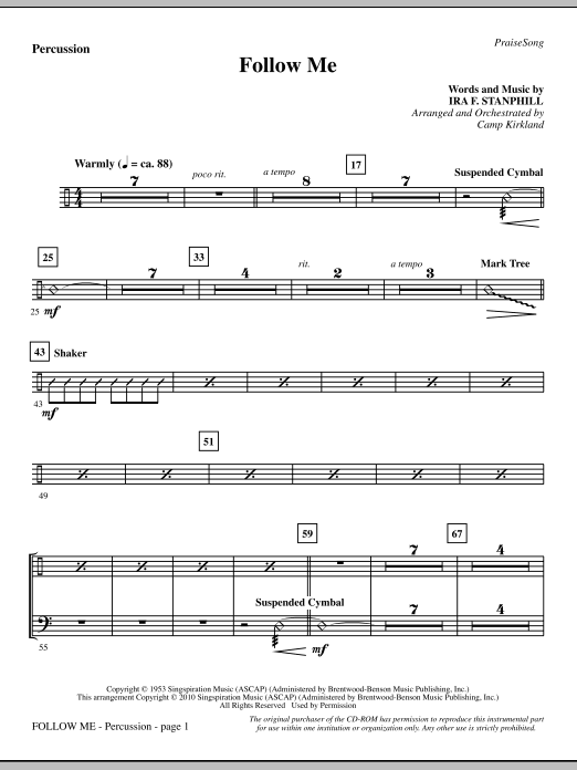 Preview Camp Kirkland Follow Me - Percussion Inspirational sheet music, notes and chords for Choir Instrumental Pak, SKU: 295872 Follow Me - Percussion sheet music