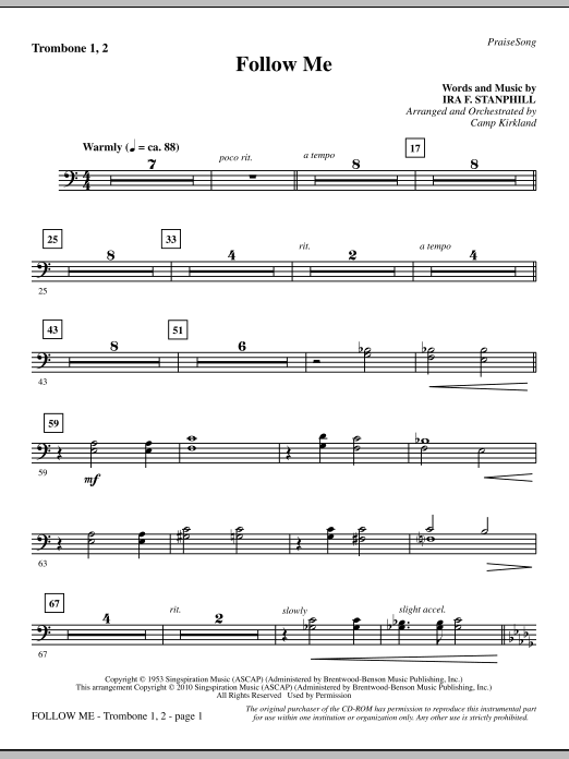 Preview Camp Kirkland Follow Me - Trombone 1 & 2 Inspirational sheet music, notes and chords for Choir Instrumental Pak, SKU: 295870 Follow Me - Trombone 1 & 2 sheet music