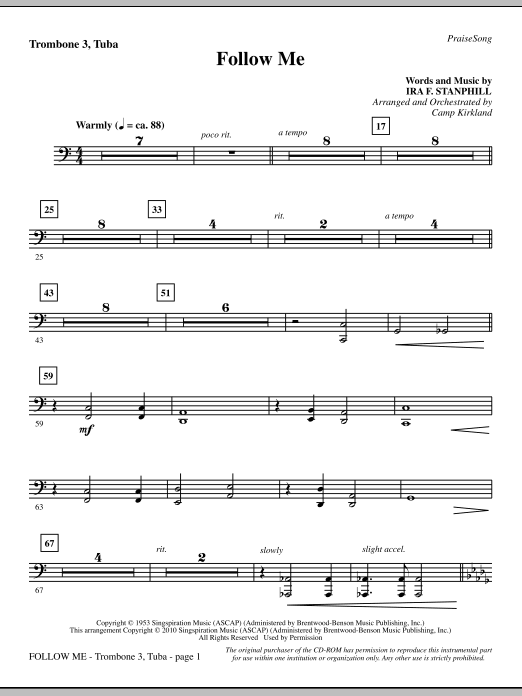 Preview Camp Kirkland Follow Me - Trombone 3/Tuba Inspirational sheet music, notes and chords for Choir Instrumental Pak, SKU: 295871 Follow Me - Trombone 3/Tuba sheet music