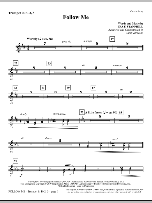 Preview Camp Kirkland Follow Me - Trumpet 2 & 3 Inspirational sheet music, notes and chords for Choir Instrumental Pak, SKU: 295868 Follow Me - Trumpet 2 & 3 sheet music