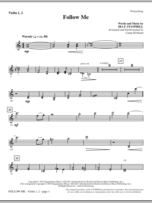 Preview Camp Kirkland Follow Me - Violin 1, 2 Inspirational sheet music, notes and chords for Choir Instrumental Pak, SKU: 295876 Follow Me - Violin 1, 2 sheet music