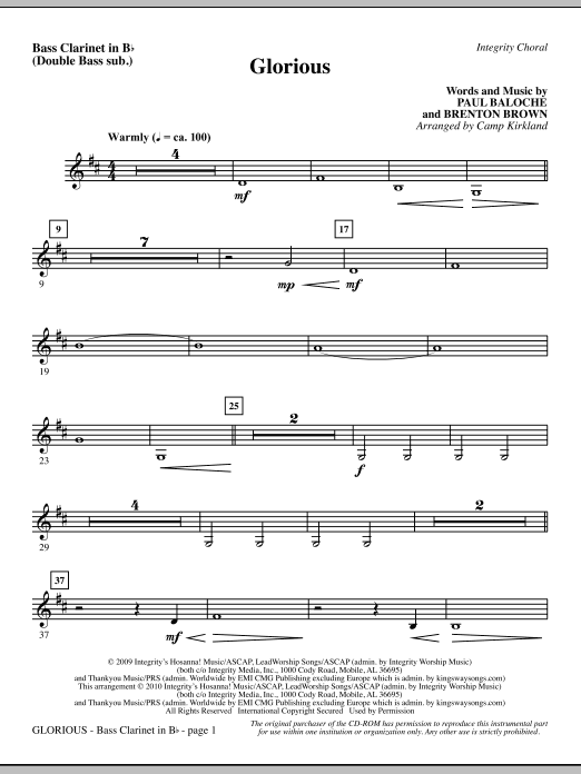 Preview Camp Kirkland Glorious - Bass Clar. (Double Bass sub.) Romantic sheet music, notes and chords for Choir Instrumental Pak, SKU: 295570 Glorious - Bass Clar. (Double Bass sub.) sheet music