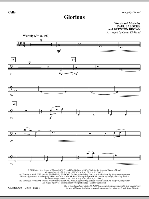 Preview Camp Kirkland Glorious - Cello Romantic sheet music, notes and chords for Choir Instrumental Pak, SKU: 295566 Glorious - Cello sheet music