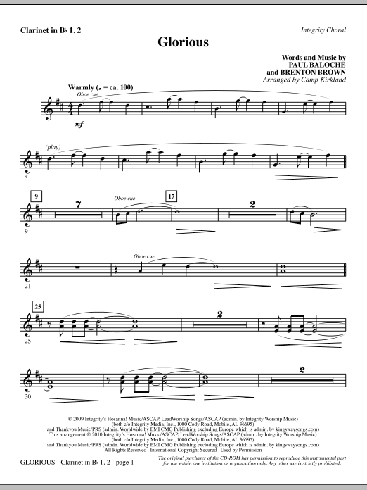 Preview Camp Kirkland Glorious - Clarinet 1 & 2 Romantic sheet music, notes and chords for Choir Instrumental Pak, SKU: 295577 Glorious - Clarinet 1 & 2 sheet music