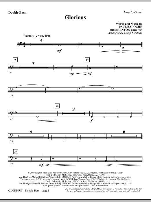 Preview Camp Kirkland Glorious - Double Bass Romantic sheet music, notes and chords for Choir Instrumental Pak, SKU: 295567 Glorious - Double Bass sheet music