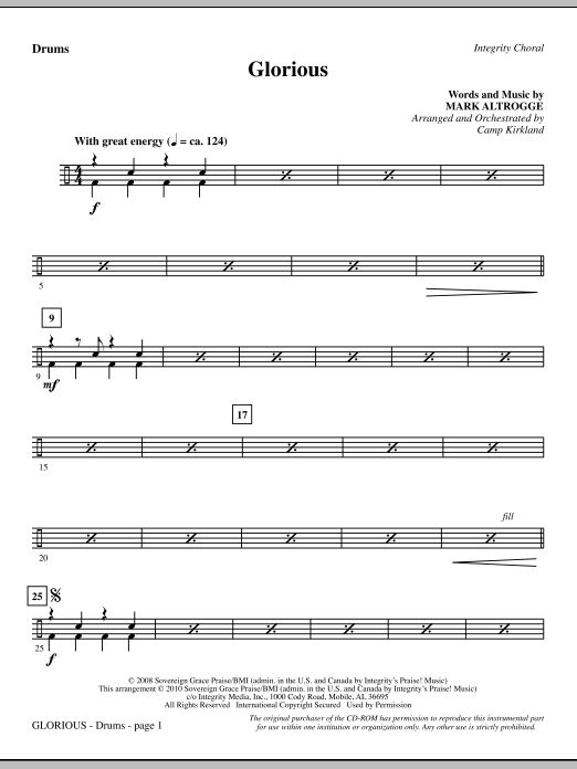 Preview Camp Kirkland Glorious - Drums Contemporary sheet music, notes and chords for Choir Instrumental Pak, SKU: 295837 Glorious - Drums sheet music