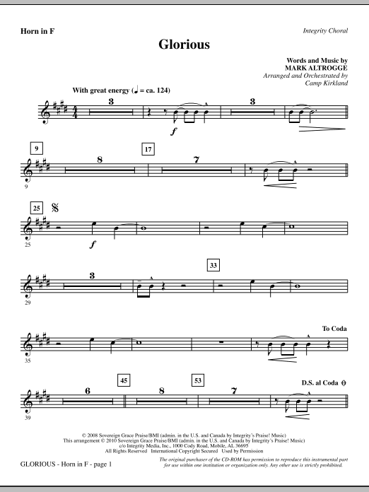 Preview Camp Kirkland Glorious - F Horn Contemporary sheet music, notes and chords for Choir Instrumental Pak, SKU: 295833 Glorious - F Horn sheet music