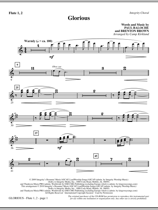 Preview Camp Kirkland Glorious - Flute 1 & 2 Romantic sheet music, notes and chords for Choir Instrumental Pak, SKU: 295562 Glorious - Flute 1 & 2 sheet music