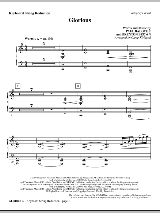 Preview Camp Kirkland Glorious - Keyboard String Reduction Romantic sheet music, notes and chords for Choir Instrumental Pak, SKU: 295571 Glorious - Keyboard String Reduction sheet music