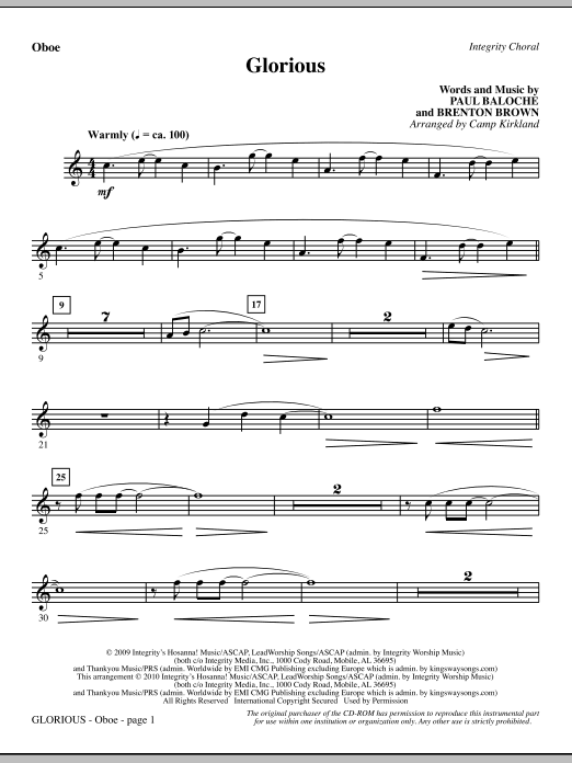 Preview Camp Kirkland Glorious - Oboe Romantic sheet music, notes and chords for Choir Instrumental Pak, SKU: 295563 Glorious - Oboe sheet music