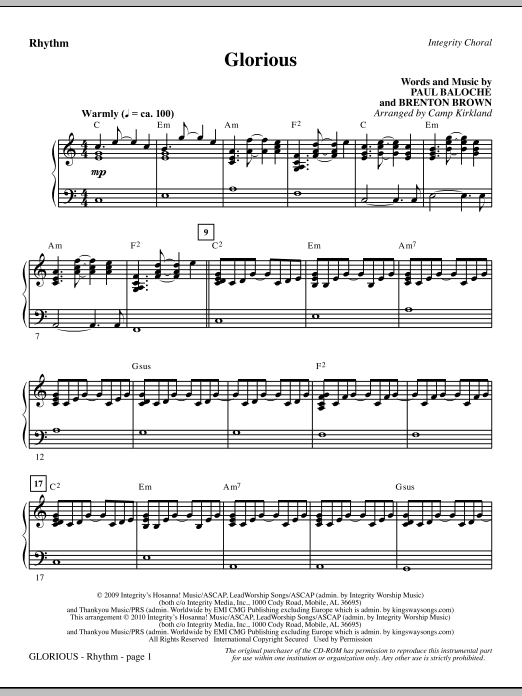 Preview Camp Kirkland Glorious - Rhythm Contemporary sheet music, notes and chords for Choir Instrumental Pak, SKU: 295839 Glorious - Rhythm sheet music