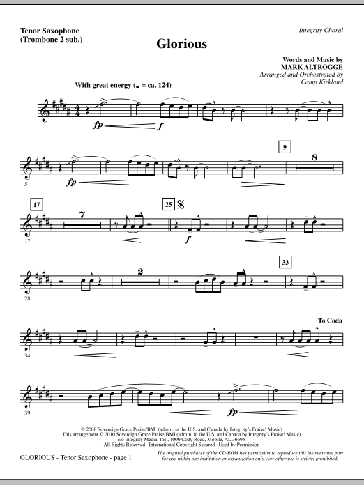 Preview Camp Kirkland Glorious - Tenor Sax (sub. Tbn 2) Contemporary sheet music, notes and chords for Choir Instrumental Pak, SKU: 295845 Glorious - Tenor Sax (sub. Tbn 2) sheet music