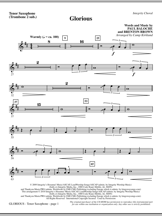 Preview Camp Kirkland Glorious - Tenor Sax (Trombone 2 sub.) Romantic sheet music, notes and chords for Choir Instrumental Pak, SKU: 295569 Glorious - Tenor Sax (Trombone 2 sub.) sheet music