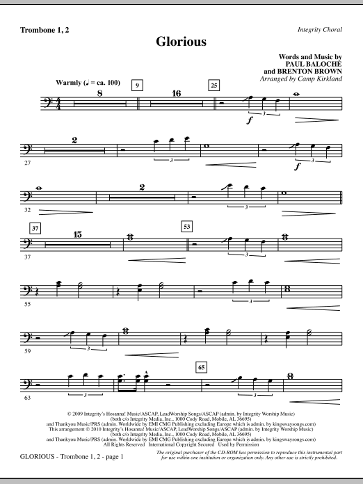 Preview Camp Kirkland Glorious - Trombone 1 & 2 Romantic sheet music, notes and chords for Choir Instrumental Pak, SKU: 295581 Glorious - Trombone 1 & 2 sheet music