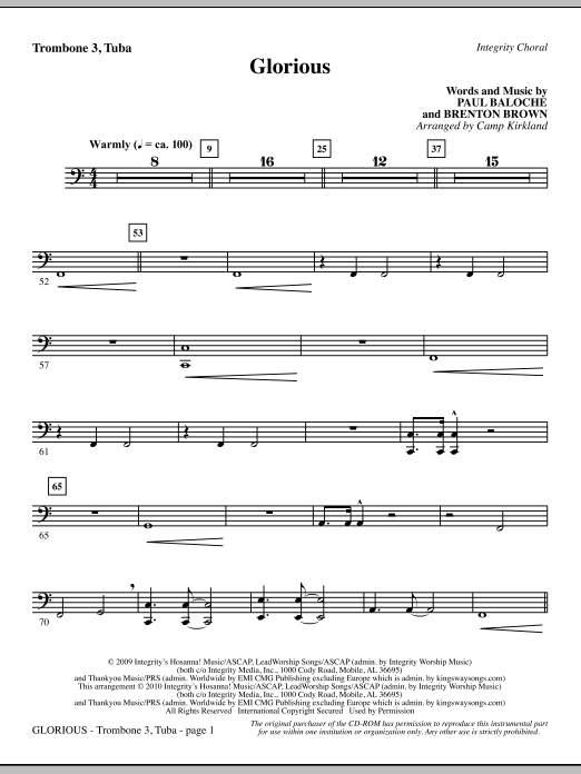 Preview Camp Kirkland Glorious - Trombone 3/Tuba Romantic sheet music, notes and chords for Choir Instrumental Pak, SKU: 295582 Glorious - Trombone 3/Tuba sheet music
